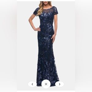 La Femme Blue Beaded Lace Mother of the Bride Dress